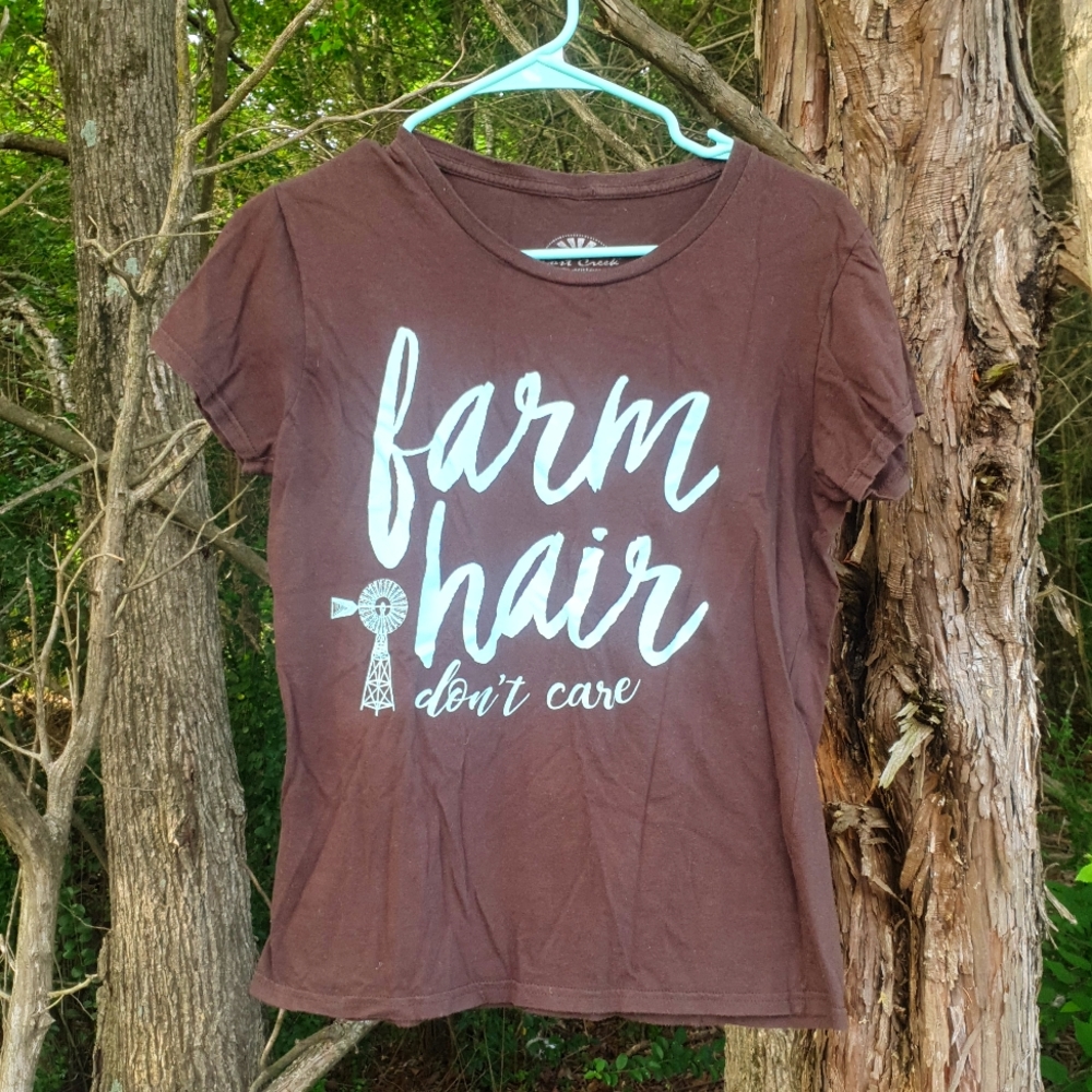 "Farm Hair Don't Care" Brown and Mint T-Shirt Size Medium